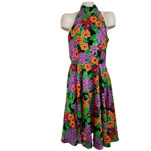 AJ Bari Vintage Halter Floral Dress Black Orange Purple Open Back Pockets 12